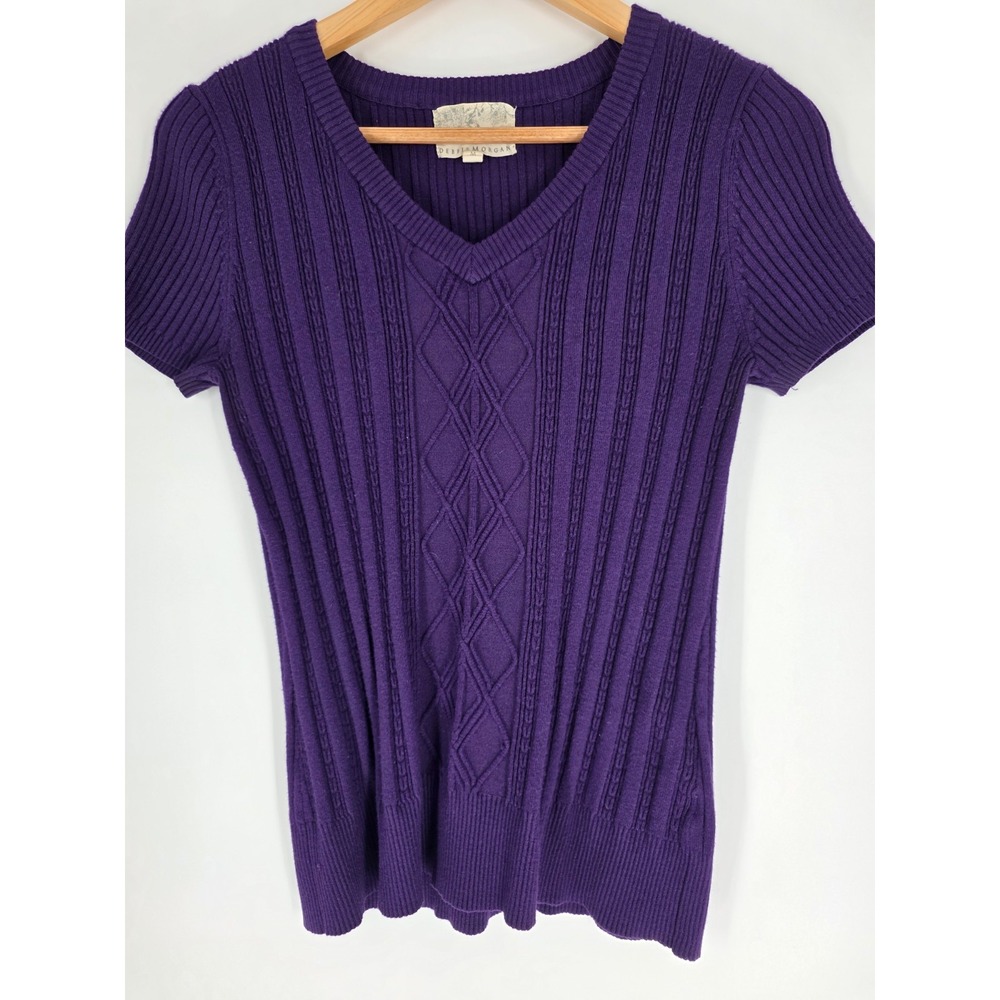 VTG Y2K Debbie Morgan Short Sleeve Cable Knit Sweater M Purple Grannycore
